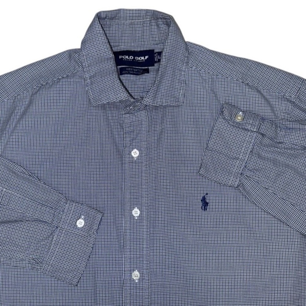 Polo Golf Ralph Lauren Houndstooth Westerton Mens‎ L Blue Brown Long Sleeve